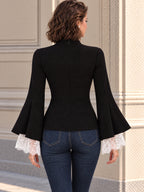 Vintage Black Mock Neck Lace Cuff Bell Sleeve Shirt