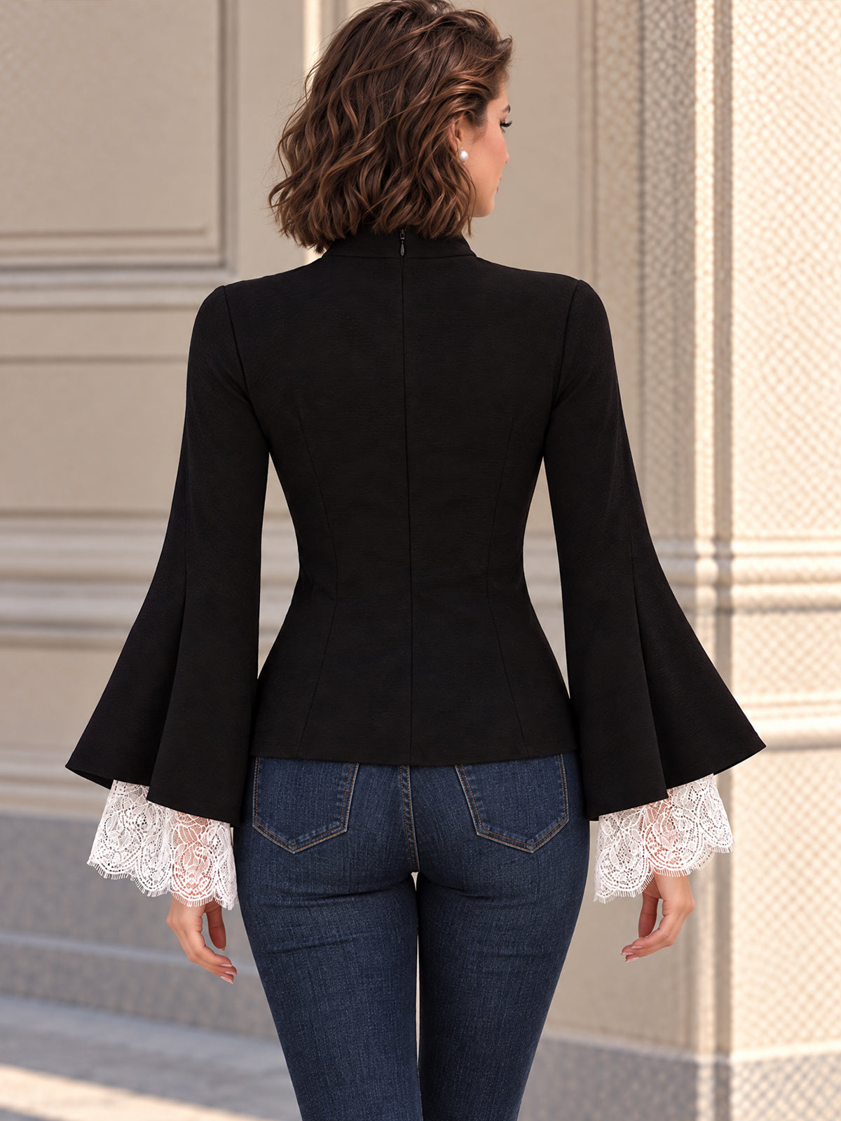 Vintage Black Mock Neck Lace Cuff Bell Sleeve Shirt