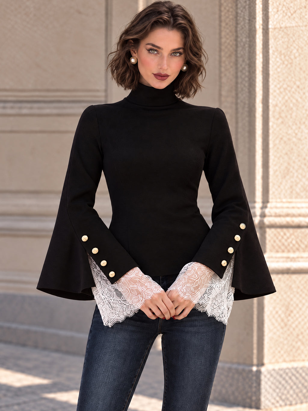 Vintage Black Mock Neck Lace Cuff Bell Sleeve Shirt