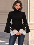 Vintage Black Mock Neck Lace Cuff Bell Sleeve Shirt