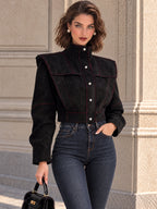 Vintage Black Faux Suede Stand Collar Cropped Jacket