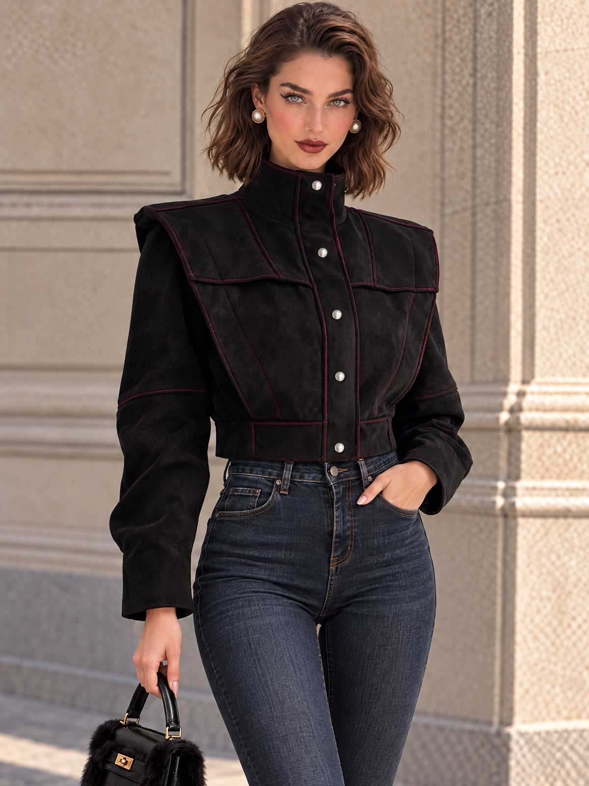 Vintage Black Faux Suede Stand Collar Cropped Jacket