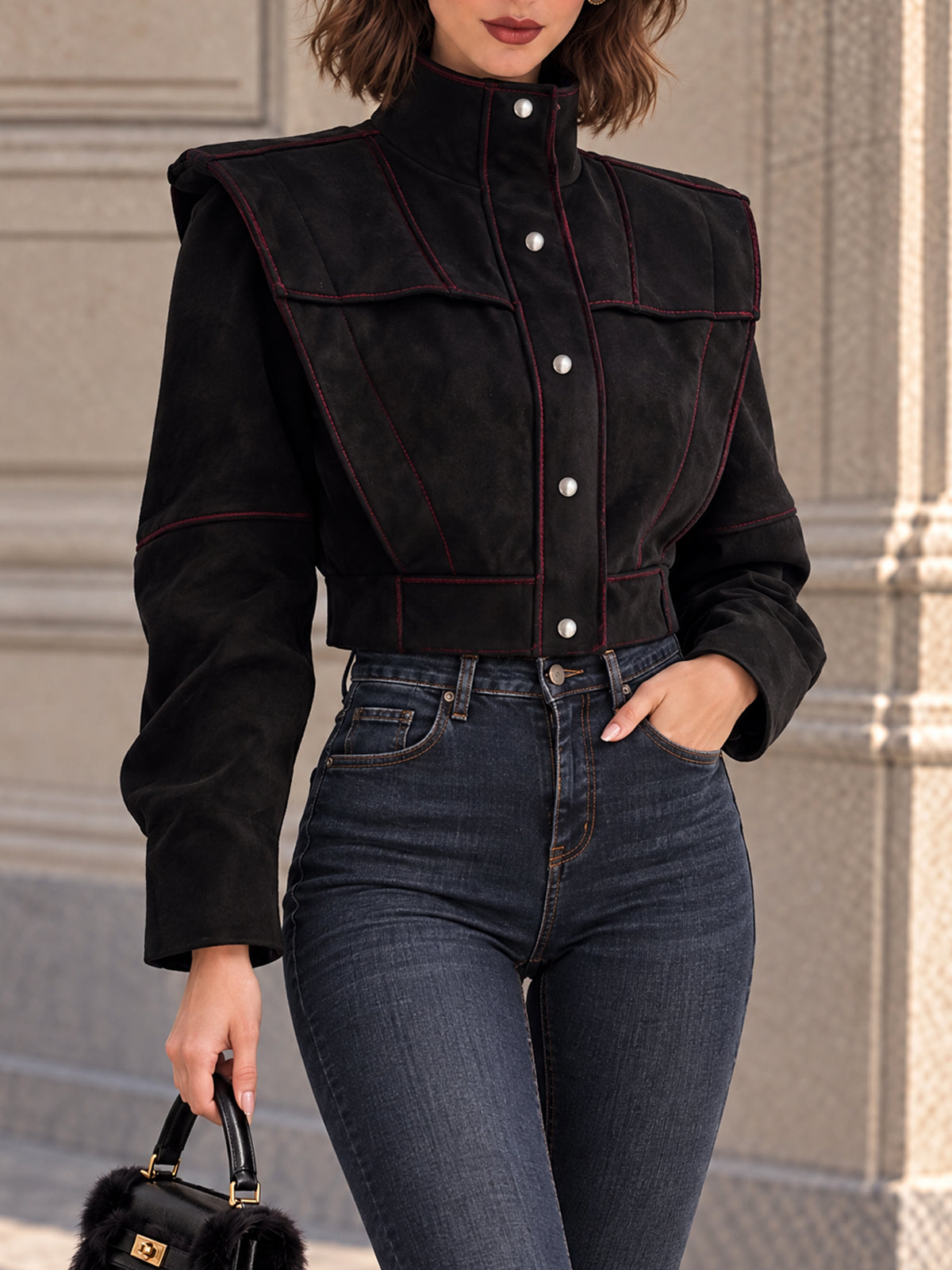 Vintage Black Faux Suede Stand Collar Cropped Jacket