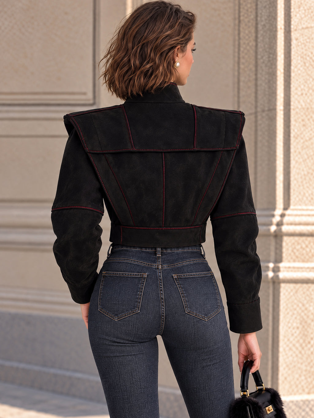 Vintage Black Faux Suede Stand Collar Cropped Jacket