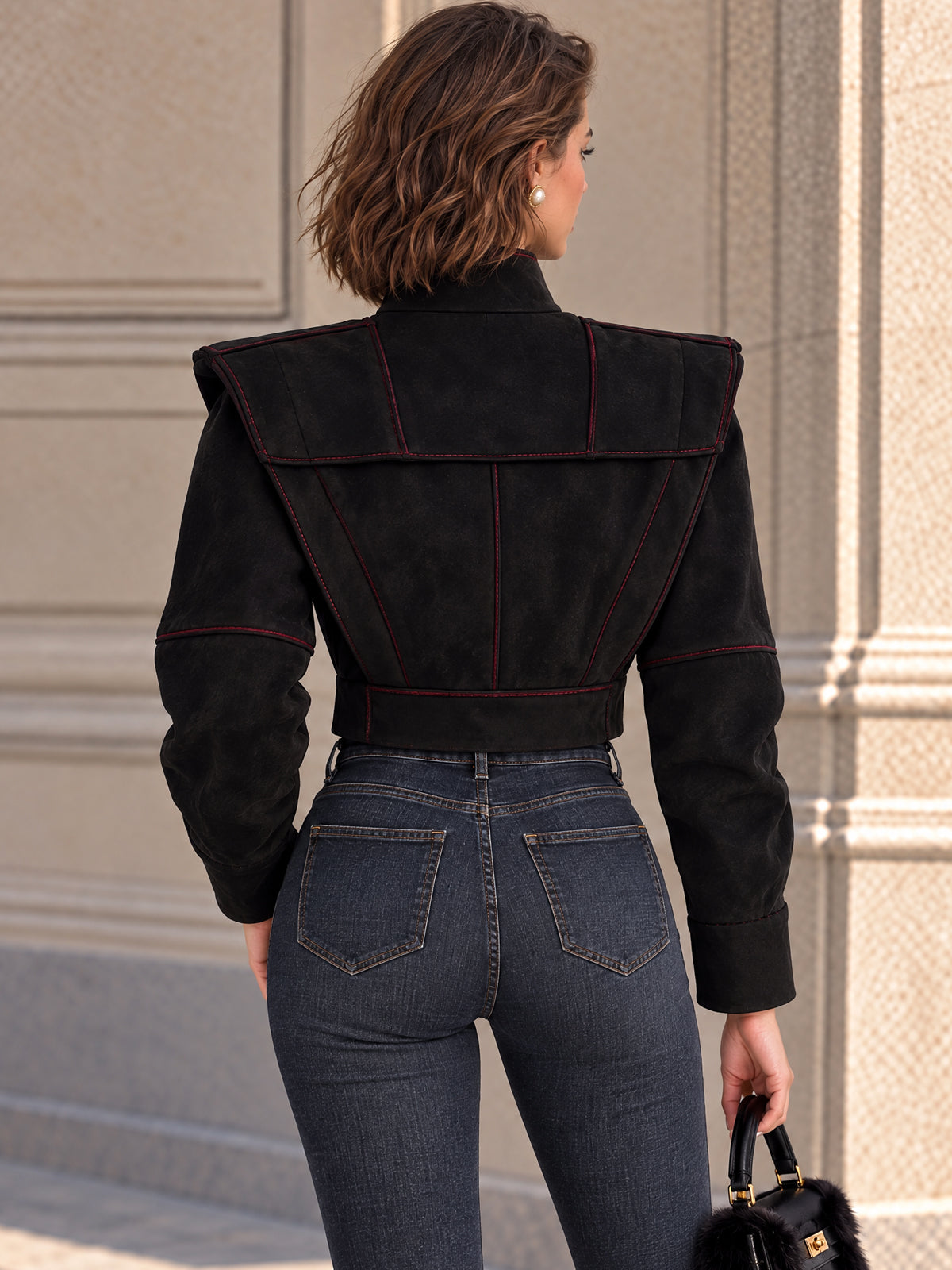Vintage Black Faux Suede Stand Collar Cropped Jacket