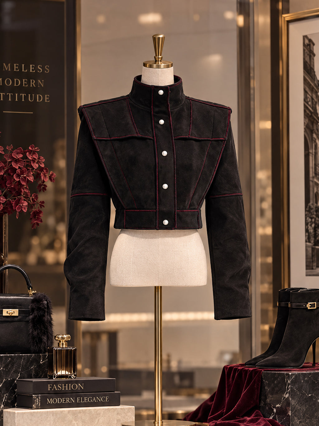 Vintage Black Faux Suede Stand Collar Cropped Jacket