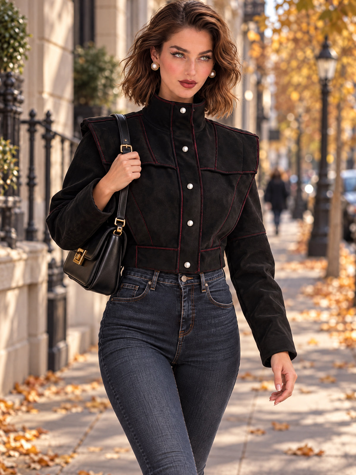 Vintage Black Faux Suede Stand Collar Cropped Jacket