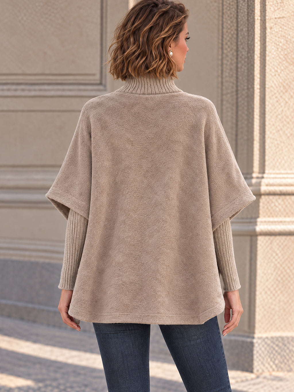 Vintage Taupe Button Shoulder Poncho Style Turtleneck Top
