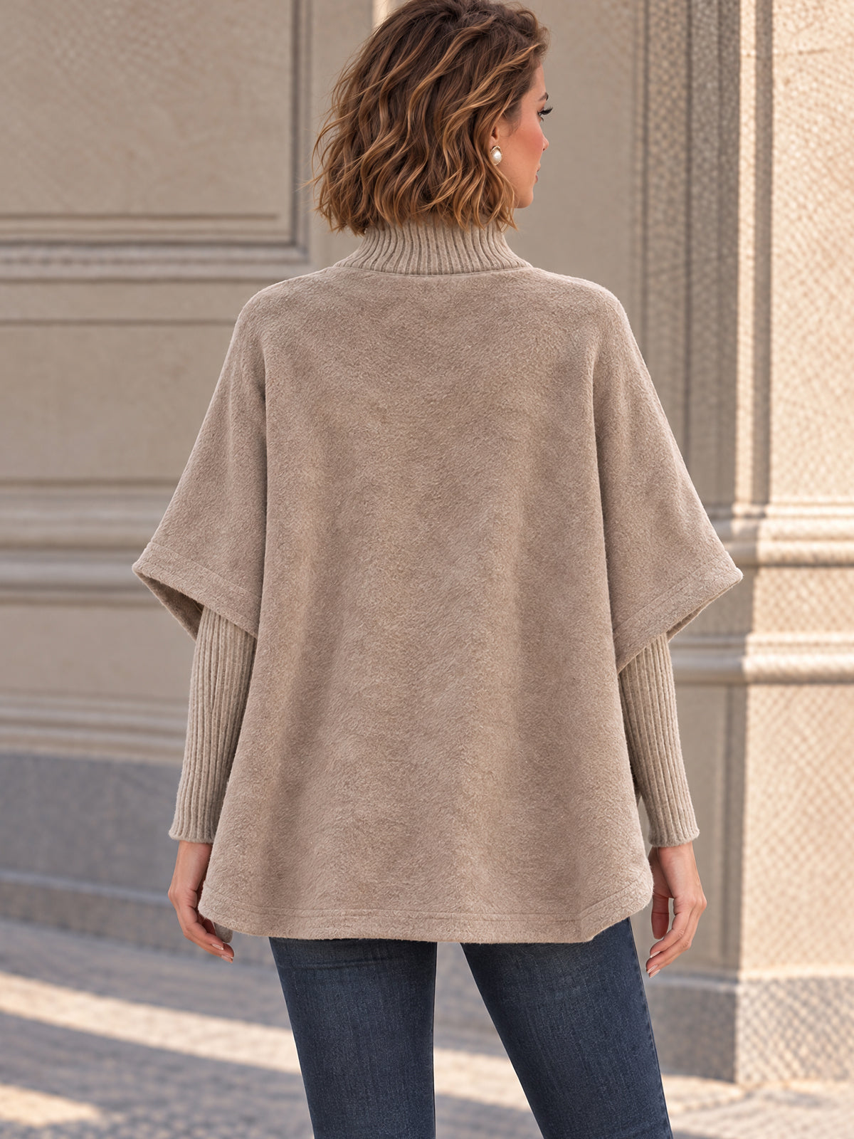 Vintage Taupe Button Shoulder Poncho Style Turtleneck Top