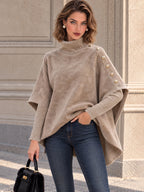 Vintage Taupe Button Shoulder Poncho Style Turtleneck Top