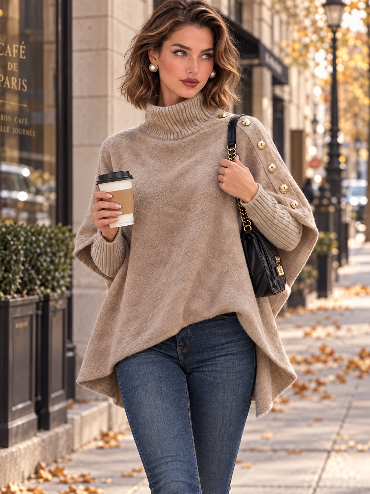 Vintage Taupe Button Shoulder Poncho Style Turtleneck Top