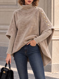 Vintage Taupe Button Shoulder Poncho Style Turtleneck Top