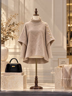 Vintage Taupe Button Shoulder Poncho Style Turtleneck Top
