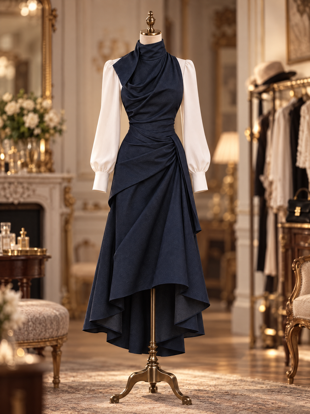 Vintage Two Tone Faux Denim Draped Midi Dress