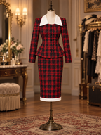 Vintage Wool Blend Red Plaid Contrast Collar Two Piece Midi Dress