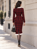 Vintage Wool Blend Red Plaid Contrast Collar Two Piece Midi Dress