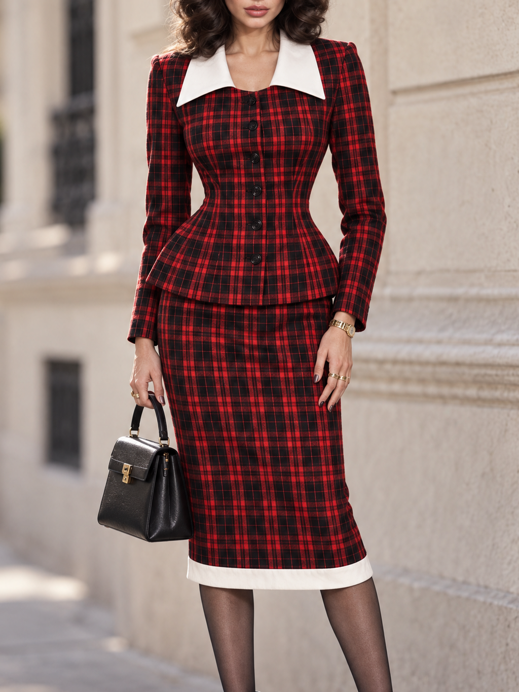 Vintage Wool Blend Red Plaid Contrast Collar Two Piece Midi Dress
