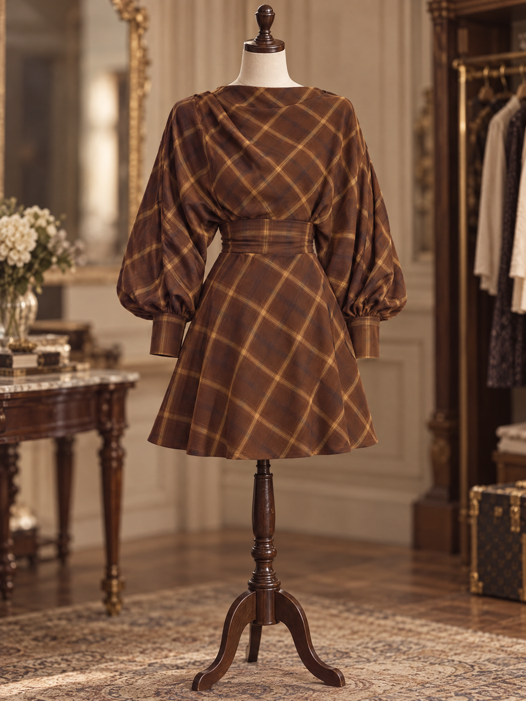 Vintage Brown Tartan Batwing Sleeve Draped Neck Mini Dress