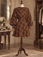 Vintage Brown Tartan Batwing Sleeve Draped Neck Mini Dress