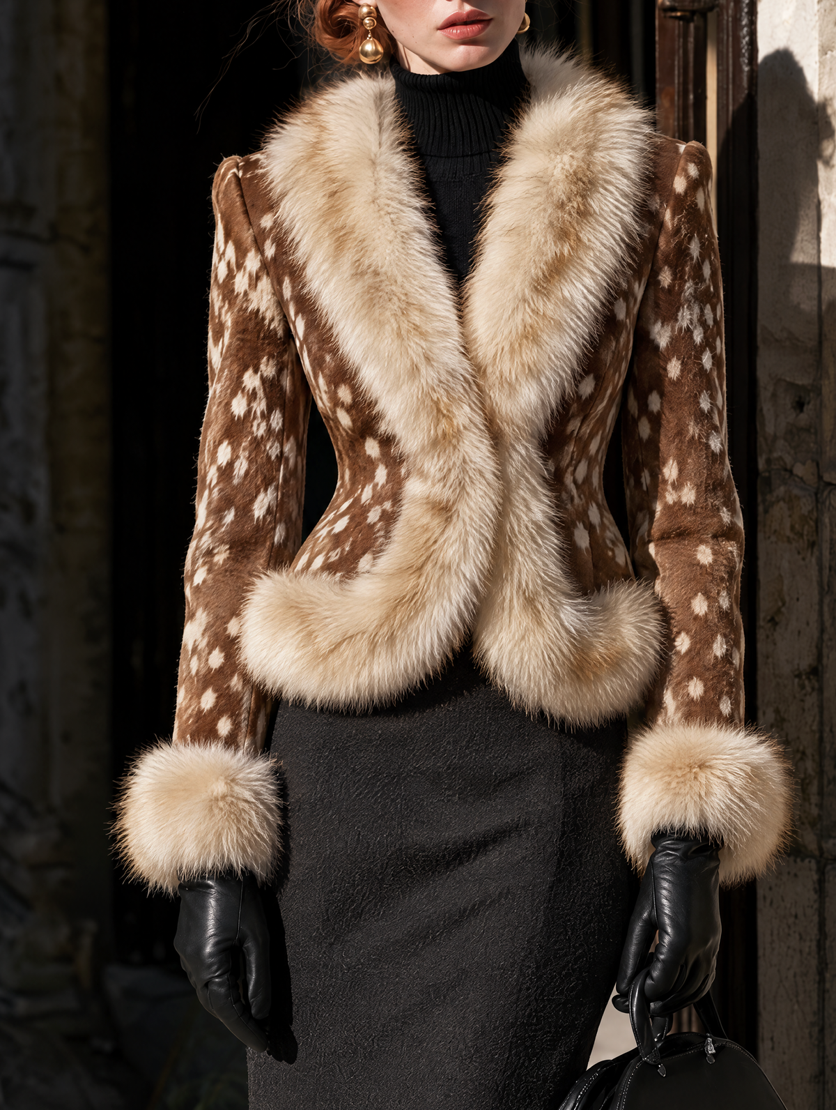 Vintage Fawn Print Faux Fur Collar Jacket
