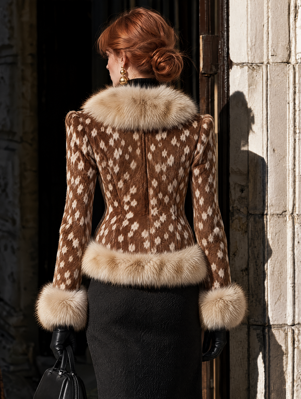 Vintage Fawn Print Faux Fur Collar Jacket