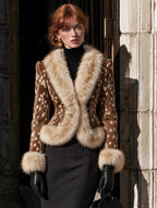 Vintage Fawn Print Faux Fur Collar Jacket