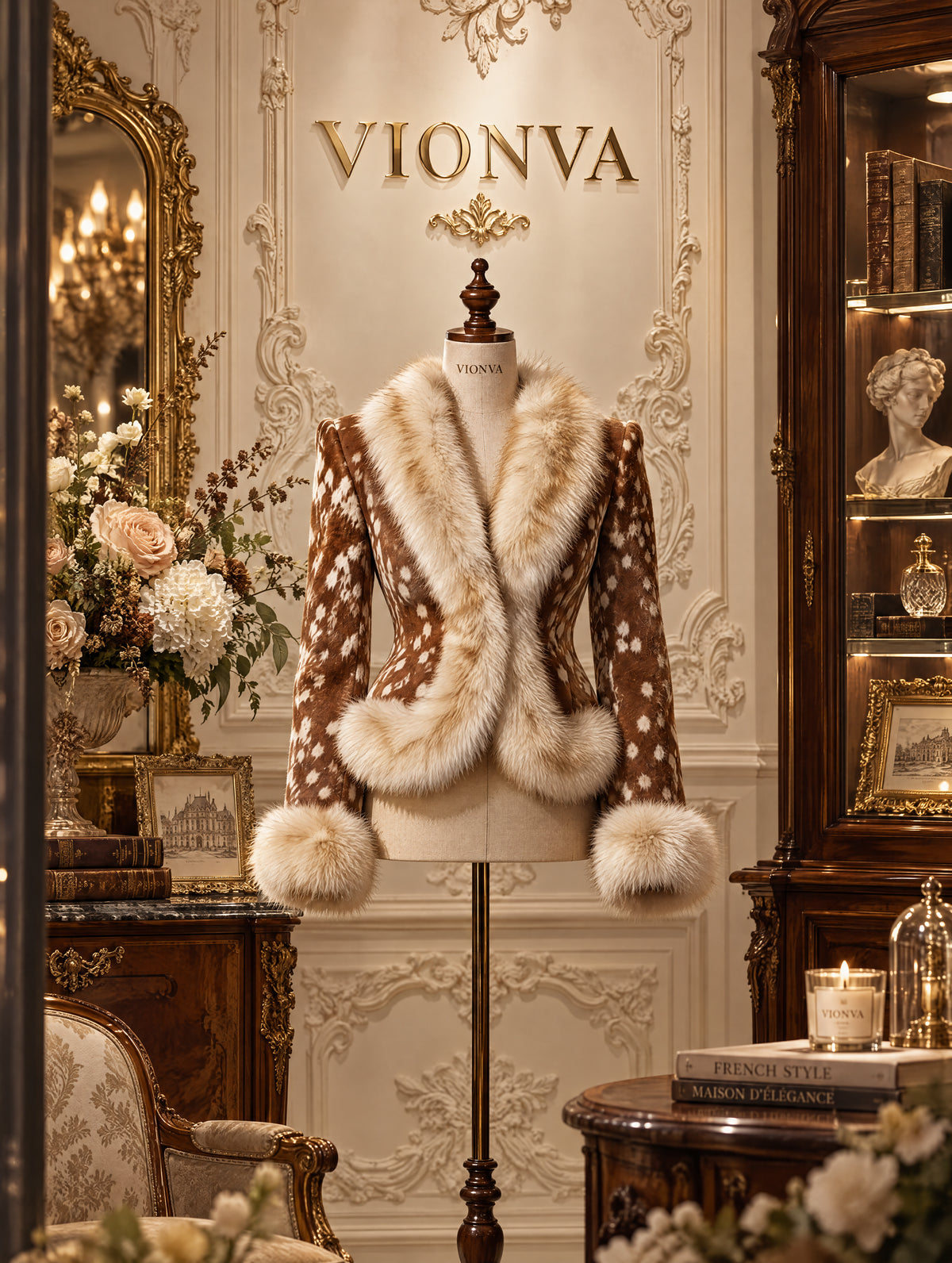 Vintage Fawn Print Faux Fur Collar Jacket