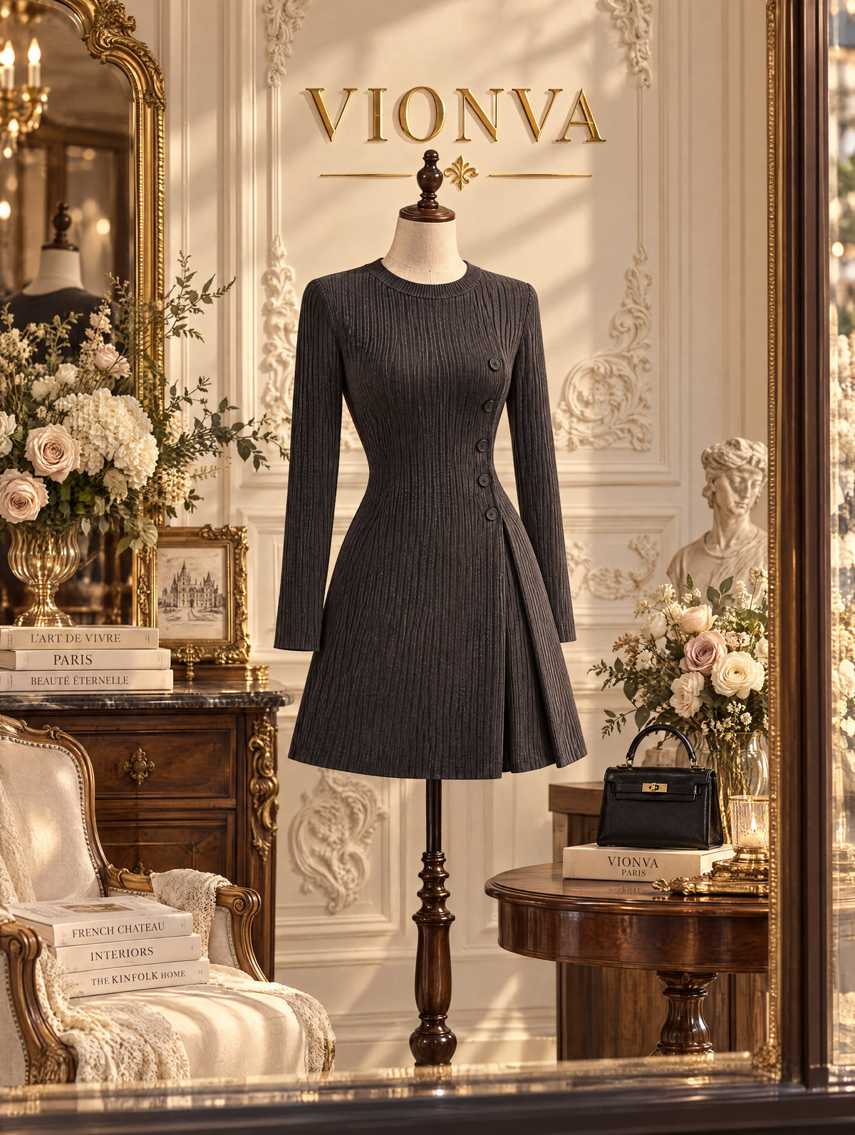Vintage Mini Ribbed Knit Button Dress