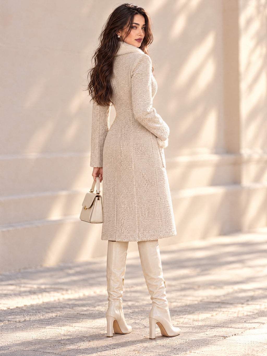 Vintage Beige Boucle Faux Fur Trim Fitted Coat