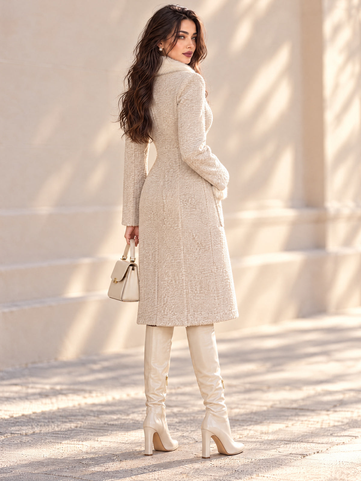 Vintage Beige Boucle Faux Fur Trim Fitted Coat