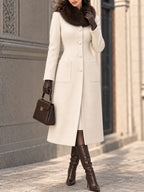 Vintage Cream Wool Blend Faux Fur Collar Long Coat