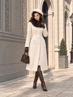 Vintage Cream Wool Blend Faux Fur Collar Long Coat