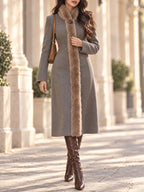 Vintage Grey Wool Blend Faux Fur Trim Long Coat