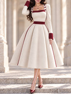 Vintage Cream Burgundy Trim Square Neck Midi Dress