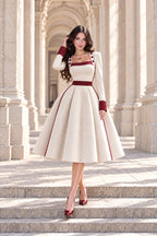 Vintage Cream Burgundy Trim Square Neck Midi Dress