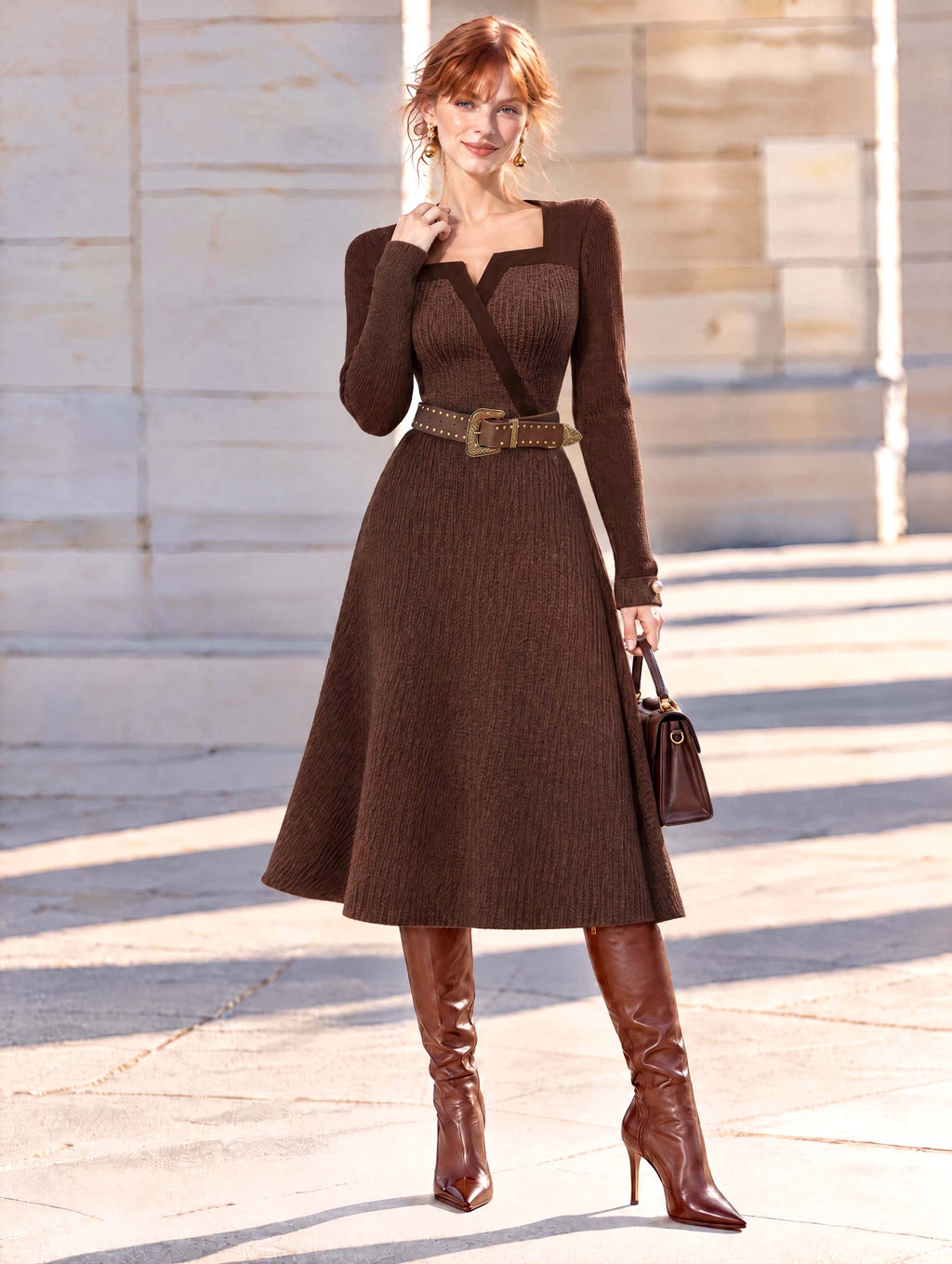 Vintage Notched Neck Belted Rib Knit Midi Dress