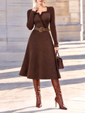 Vintage Notched Neck Belted Rib Knit Midi Dress