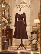 Vintage Notched Neck Belted Rib Knit Midi Dress