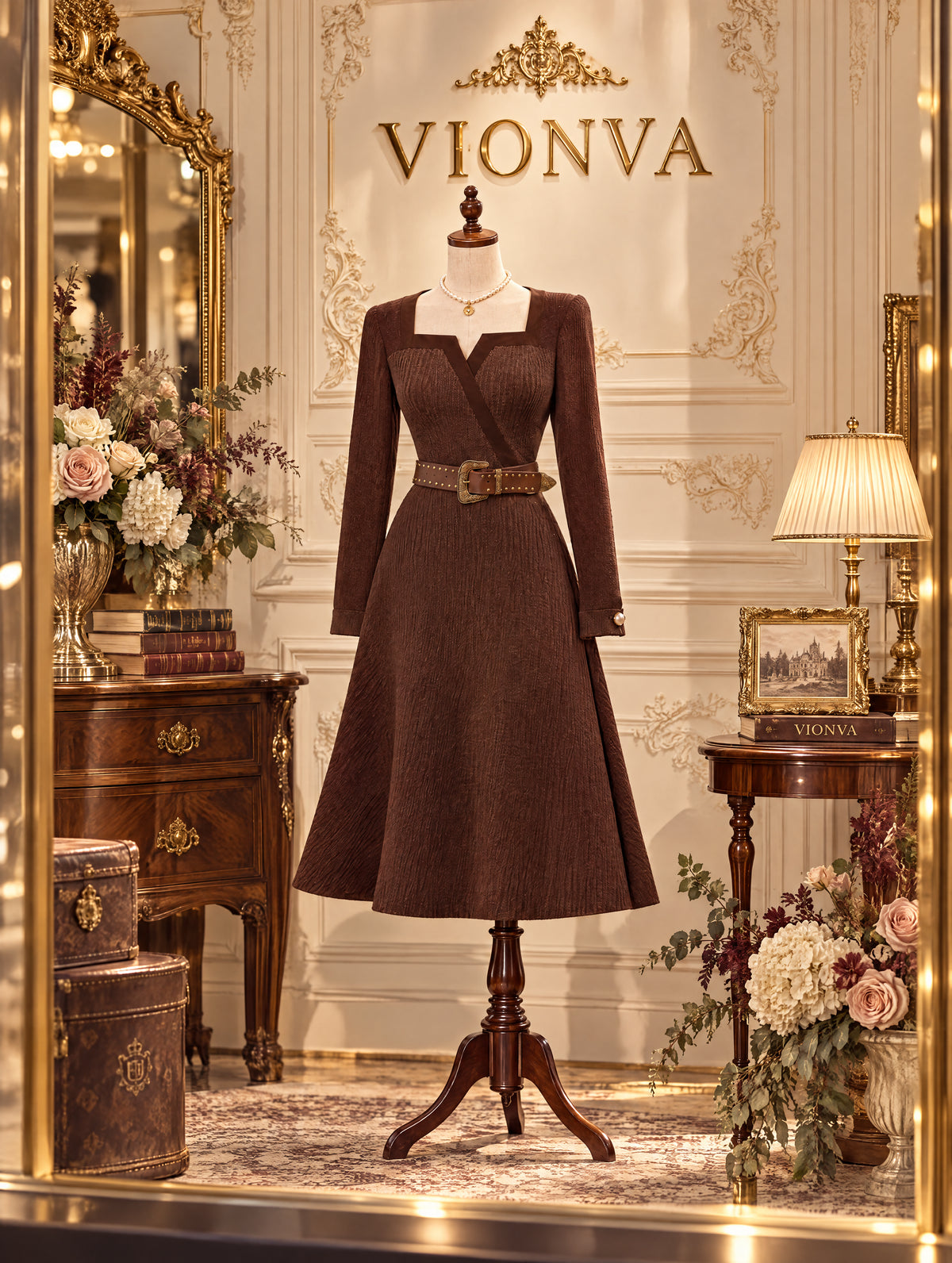 Vintage Notched Neck Belted Rib Knit Midi Dress