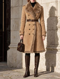 Vintage Faux Suede Shearling Trim Belted Maxi Coat