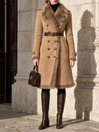 Vintage Faux Suede Shearling Trim Belted Maxi Coat
