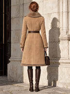 Vintage Faux Suede Shearling Trim Belted Maxi Coat