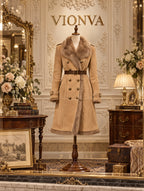 Vintage Faux Suede Shearling Trim Belted Maxi Coat