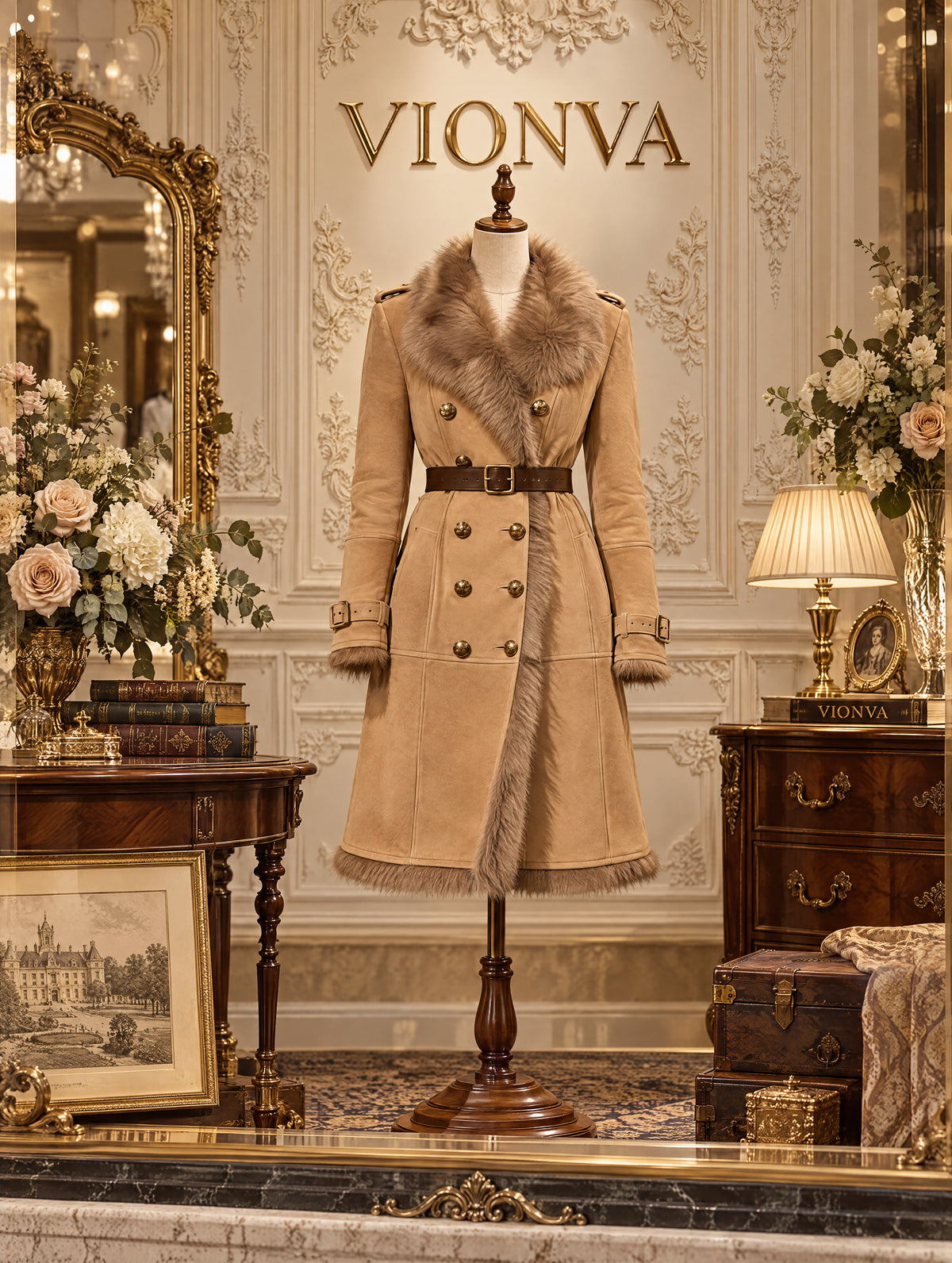 Vintage Faux Suede Shearling Trim Belted Maxi Coat