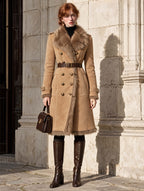 Vintage Faux Suede Shearling Trim Belted Maxi Coat