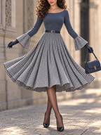 Women's Slate Blue Ribbed Knit Houndstooth Midi Dress