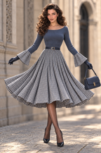 Women's Slate Blue Ribbed Knit Houndstooth Midi Dress