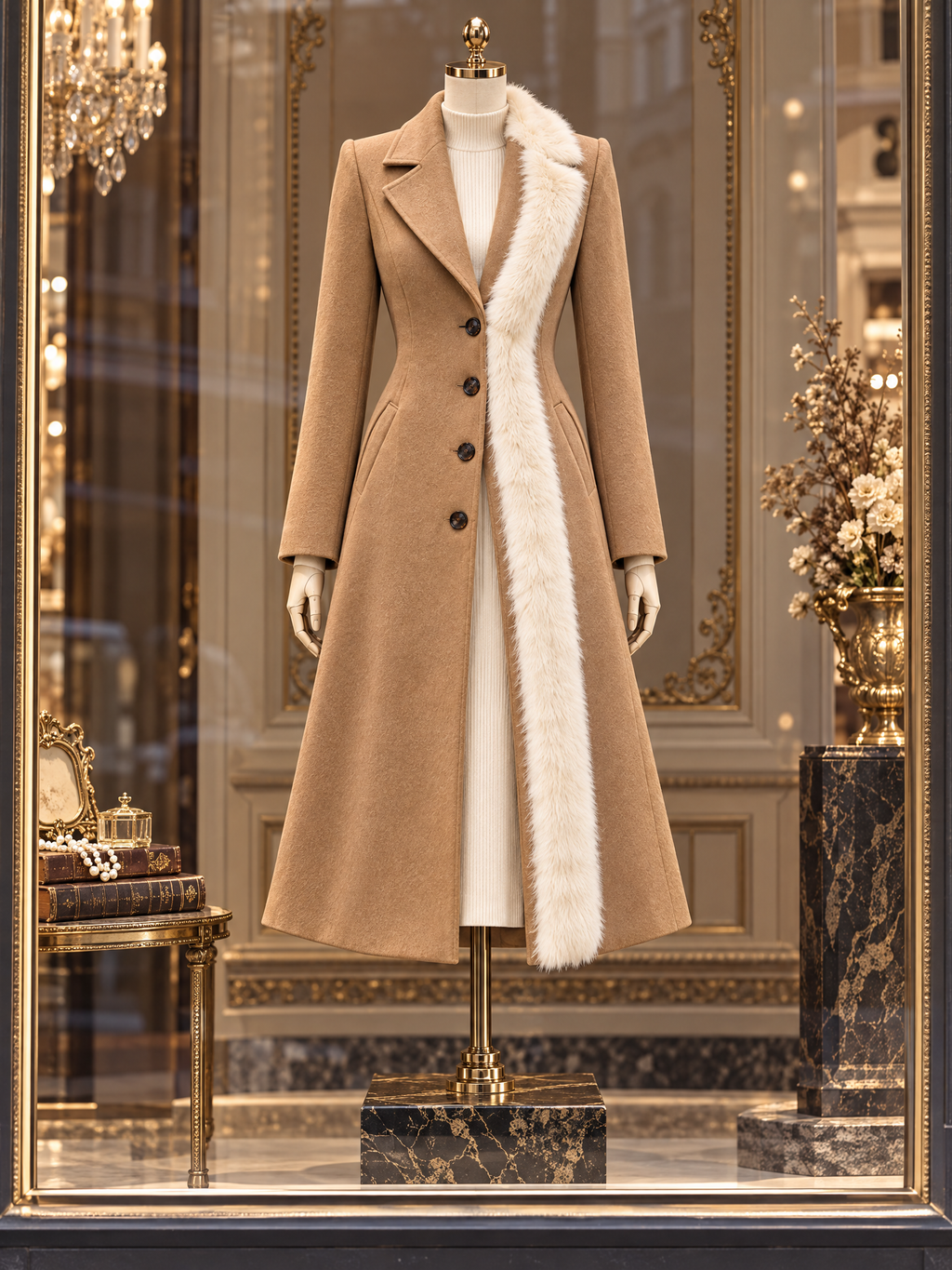 Camel Longline Coat with Faux Fur Front Trim Coat