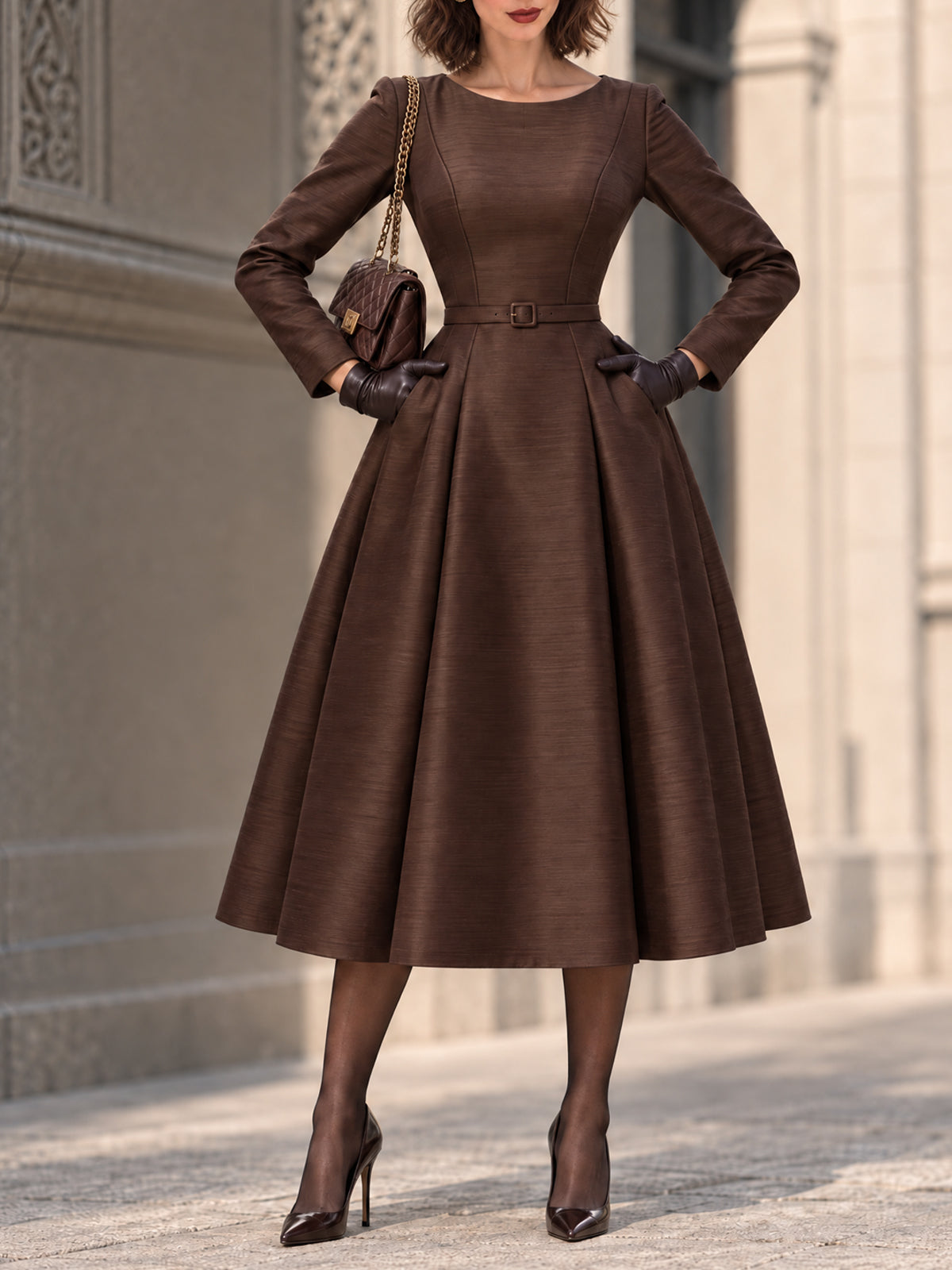 Vintage Brown Textured Belted Fit Flare Midi Dress