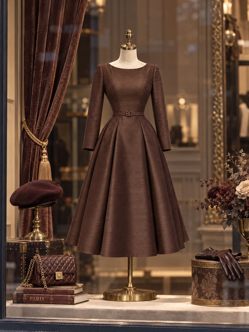 Vintage Brown Textured Belted Fit Flare Midi Dress